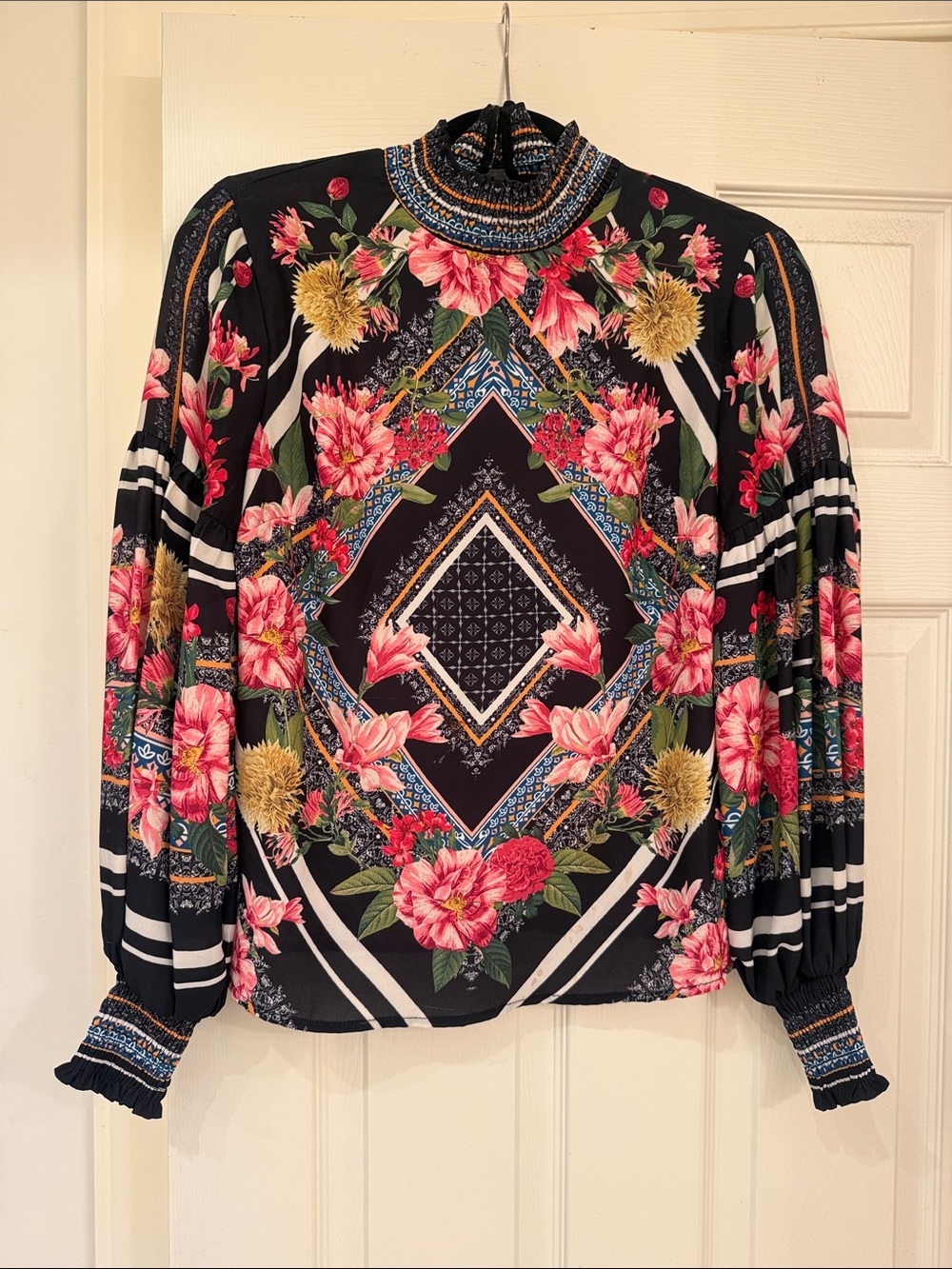 Jealous Tomato Navy Floral High-Neck Blouse with Pink Accents